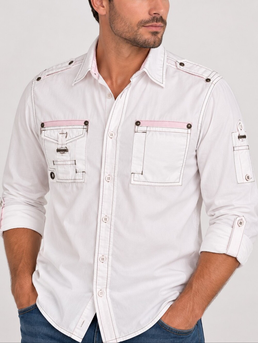 MODERN CULTURE | Men’s White Pink Accent Button-Up Shirt Size L